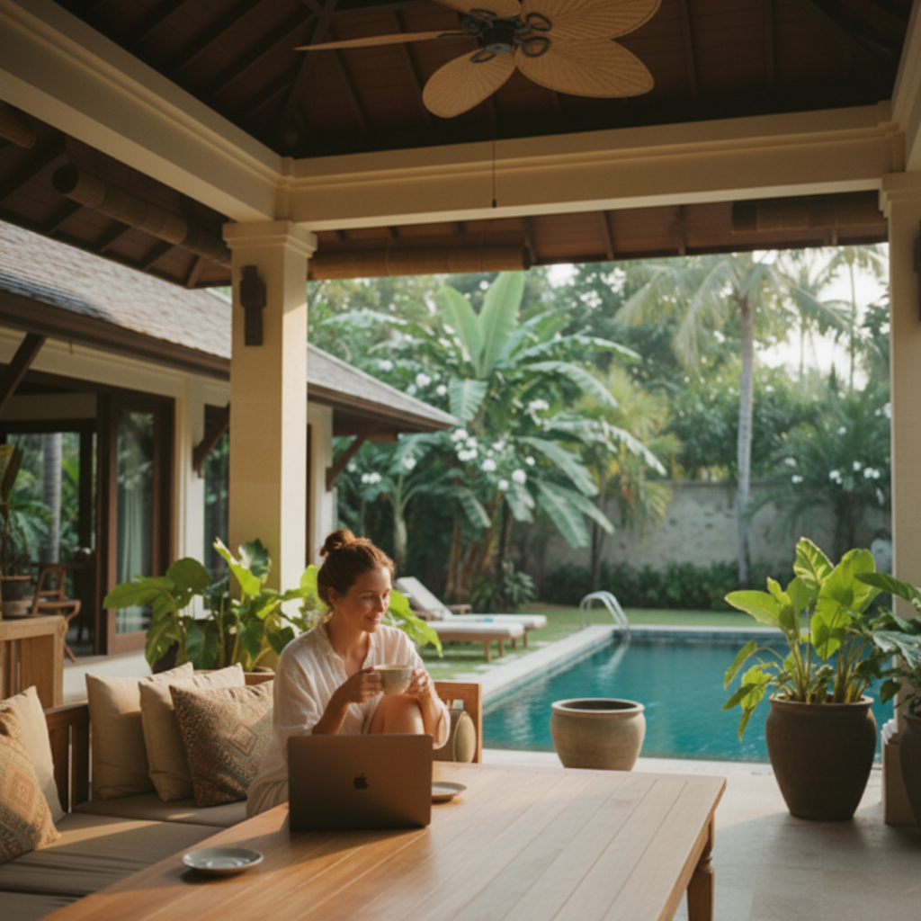 Parent relaxed with coffee checking child's progress
